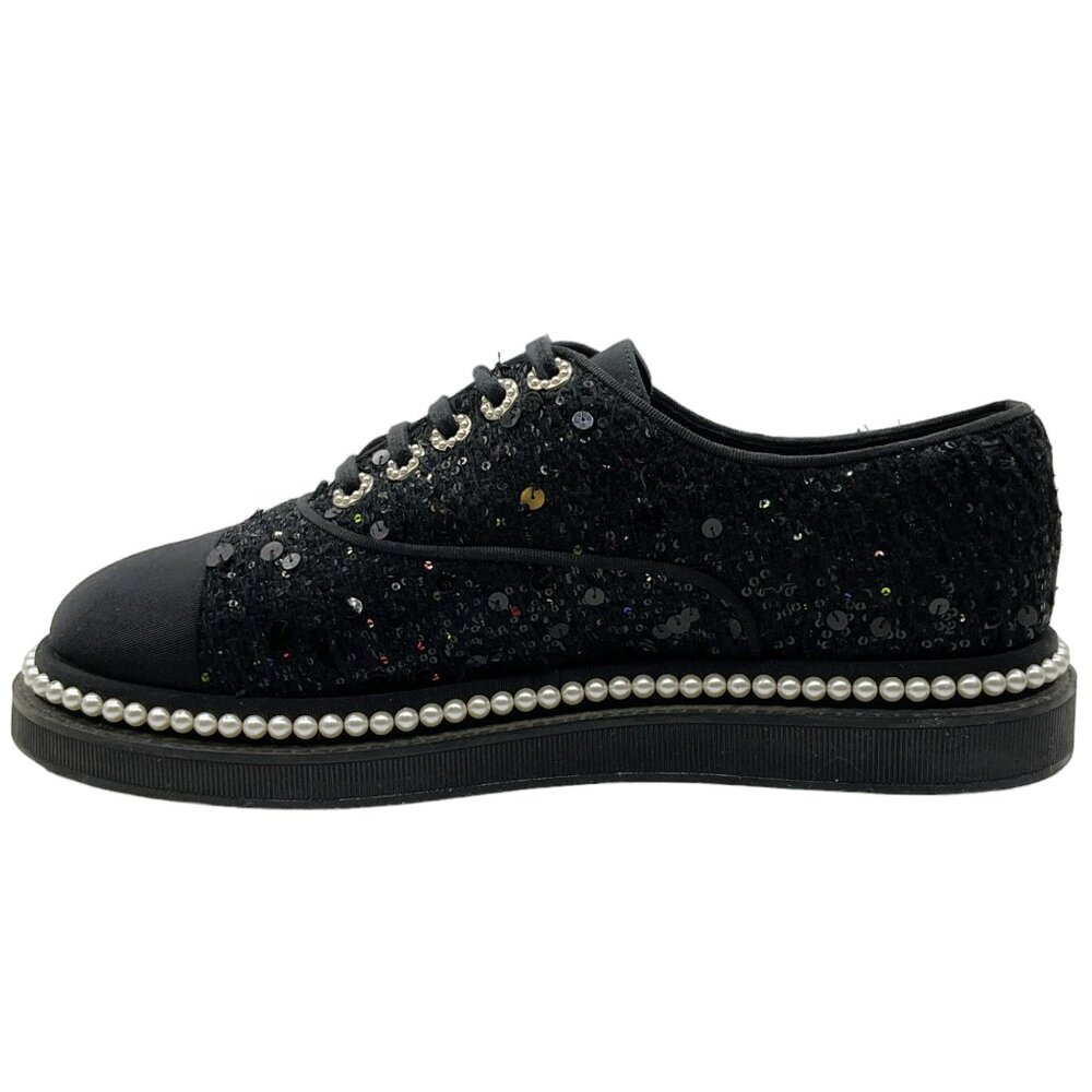 Chanel Black Sequined Lace Up Oxfords with Pearls - Picture 3 of 6